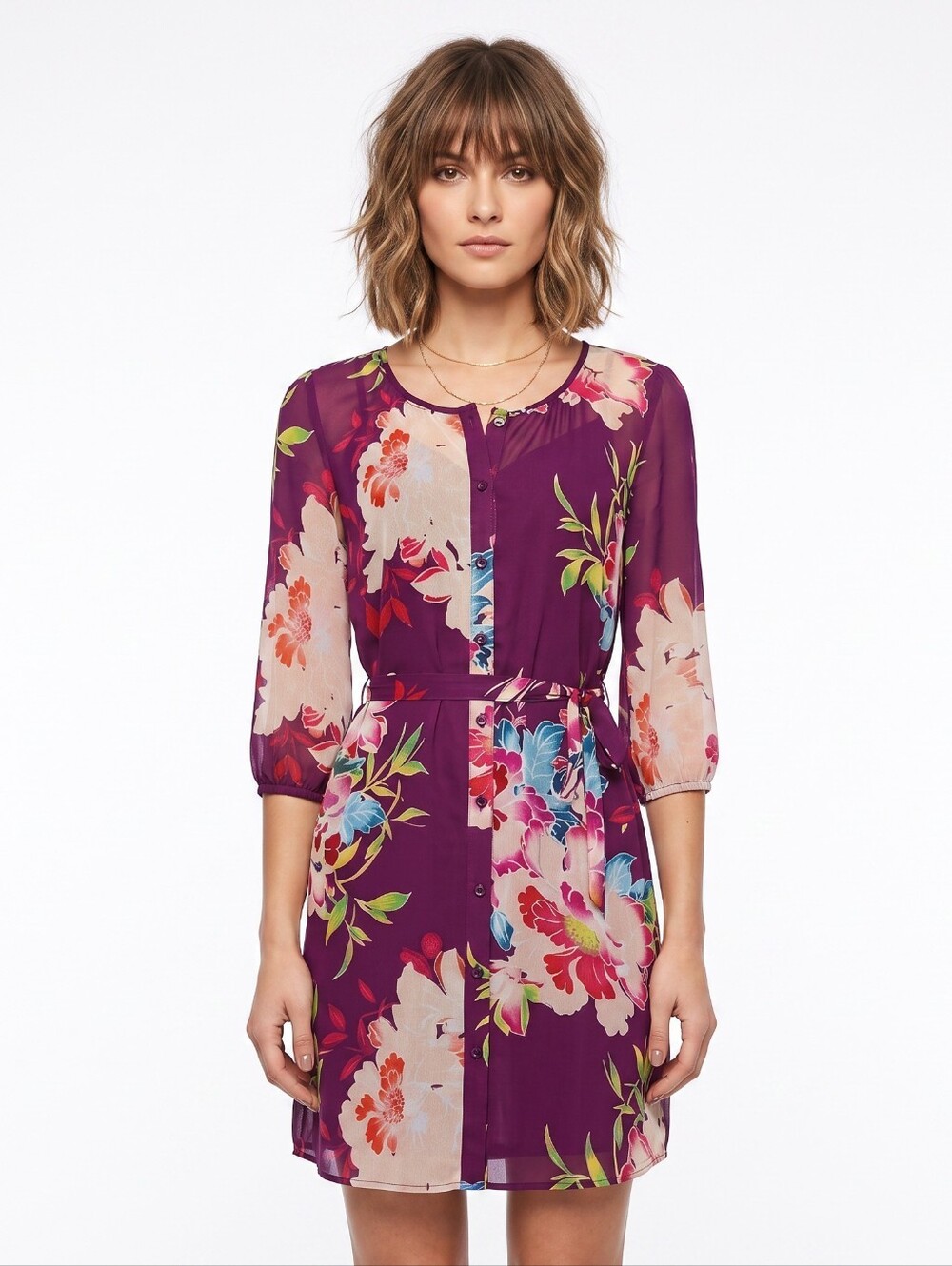 Express Floral Purple Button-Front Tropical Boho Mini Dress, Tie Waist, EUC, XS